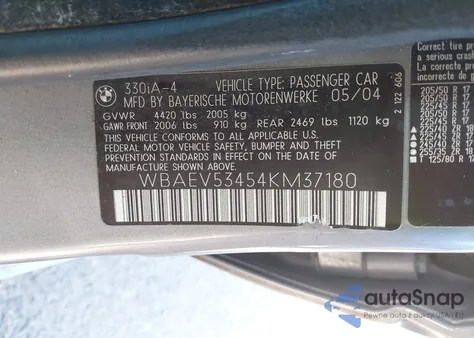 2004 BMW 330I from USA, damaged, VIN WBAEV53454KM37180